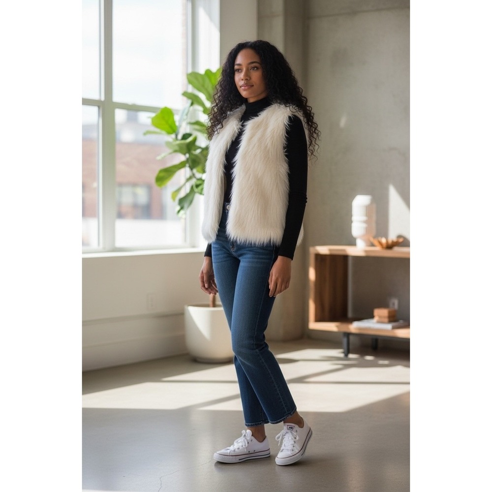 L8ter‎ Cream Faux Fur Vest Open Front Sleeveless Jacket Women's Medium
